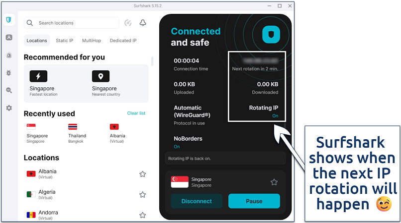 Screenshot of the Surfshark Windows app with an active connection using the Rotating IP feature