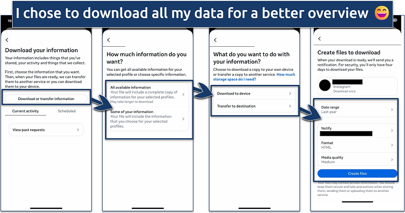 Screenshot showing the creation of a downloadable data file in Instagram settings