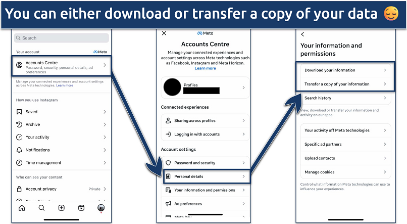 Screenshot showing the Instagram settings for downloading or transferring user data