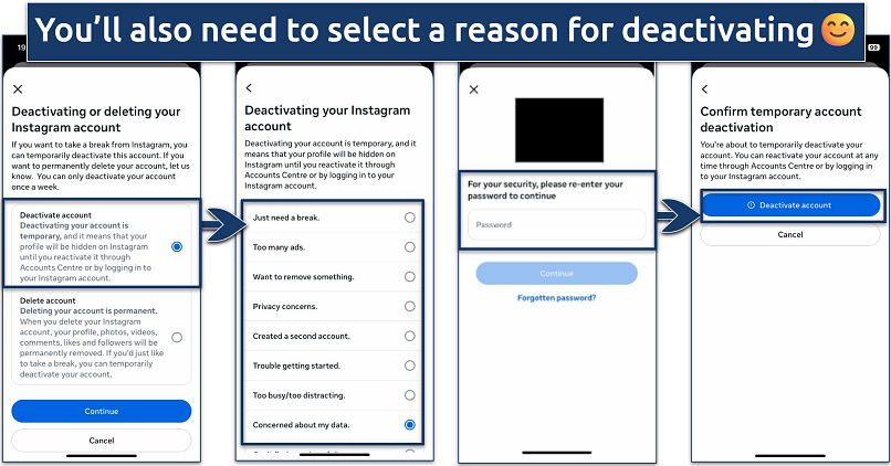 Screenshot of Instagram prompting for password confirmation before account deactivation