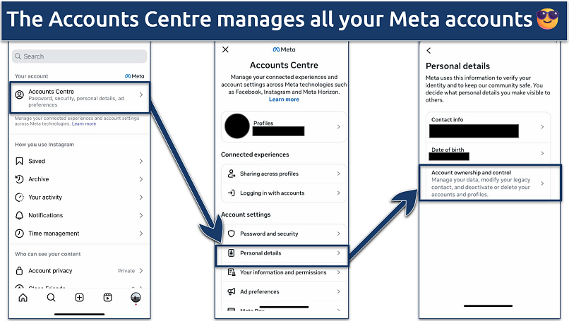 Screenshot of Meta’s Accounts Centre interface on the Instagram app