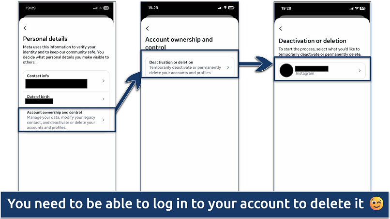Screenshot showing Instagram’s interface for requesting account deletion
