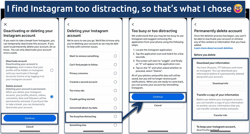 Screenshot of the page where users select a reason for deleting their Instagram account