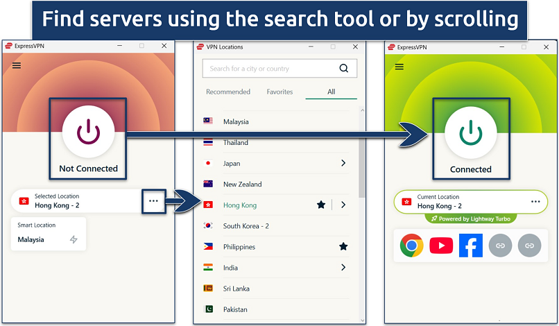 Screenshots of the ExpressVPN Windows app showing the process of finding and connecting to a Hong Kong server