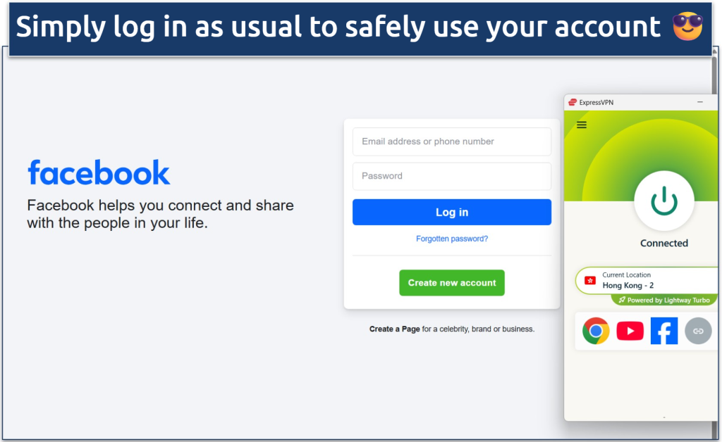 Screenshot of the Facebook website login page with an active connection to the ExpressVPN Hong Kong server