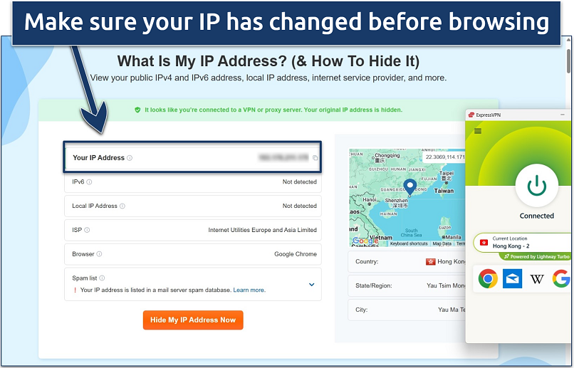 Screenshot of the results of an IP lookup test on the The How To Guide site showing a success message while connected to the ExpressVPN Hong Kong server