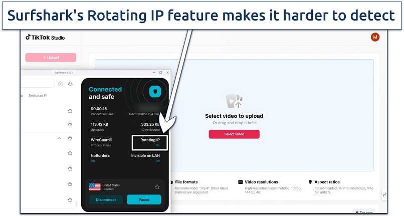 Screenshot of the TikTok website being accessed while connected to Surfshark's Houston server