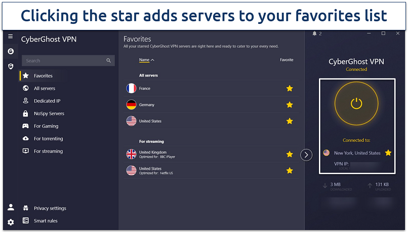 Screenshot of CyberGhost's Windows app highlighting how to favorite servers