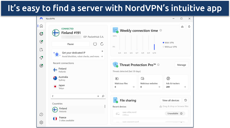 Screenshot of NordVPN's Windows app highlighting the server network