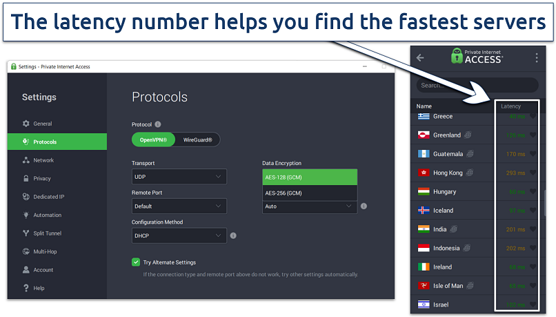 Screenshot showing PIA's server list and encryption options