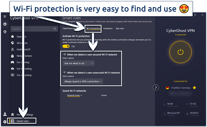Screenshot of the CyberGhost app interface showing Smart rules