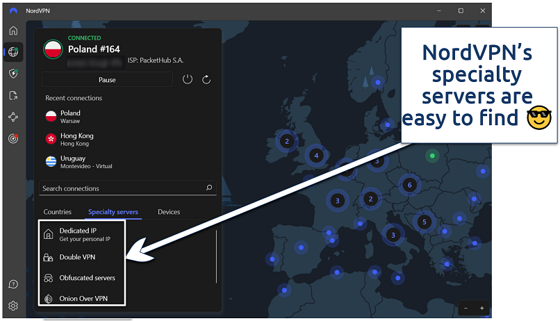 Screenshot of the NordVPN app showing its specialty servers