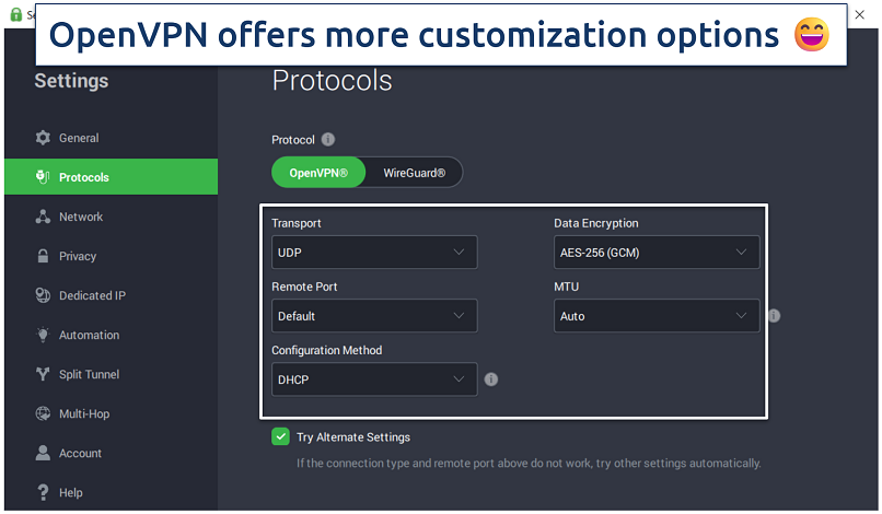 Screenshot of the PIA app showing some of the available customization options