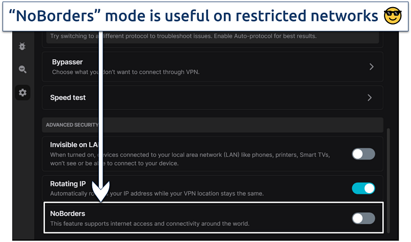 Screenshot showing VPN settings of Surfshark with NoBorders mode highlighted