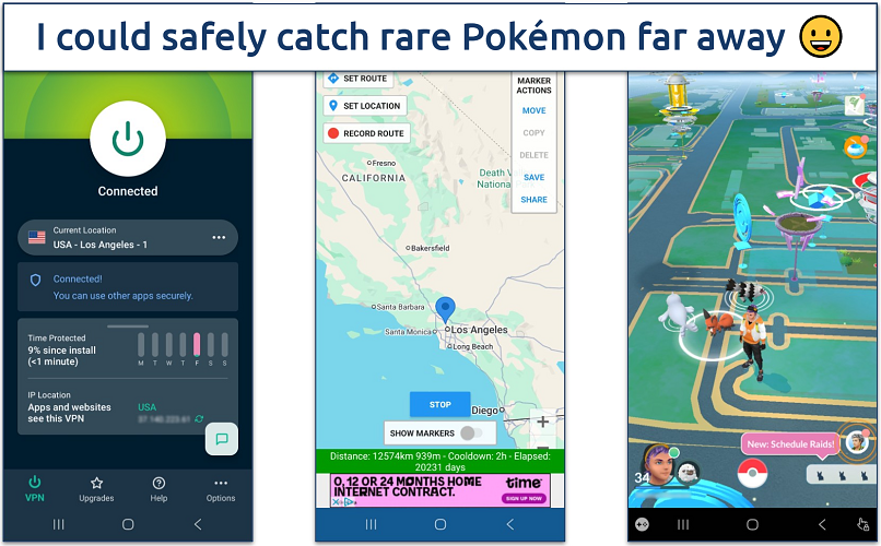 Screenshots from left to right: ExpressVPN mobile connected to a Los Angeles server, GPS Joystick set to Los Angeles, and the Pokémon GO interface