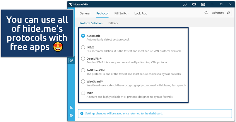 Screenshot of hide.me's free Windows app highlighting where to select a protocol