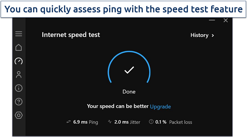 Screenshot of Hotspot Shield's free Windows app highlighting the speed test function