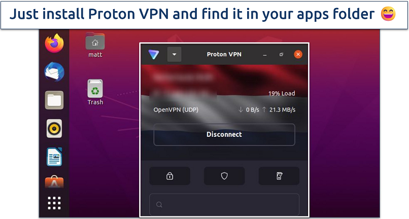 Screenshot of ProtonVPN on a Linux device while connected to OpenVPN UDP