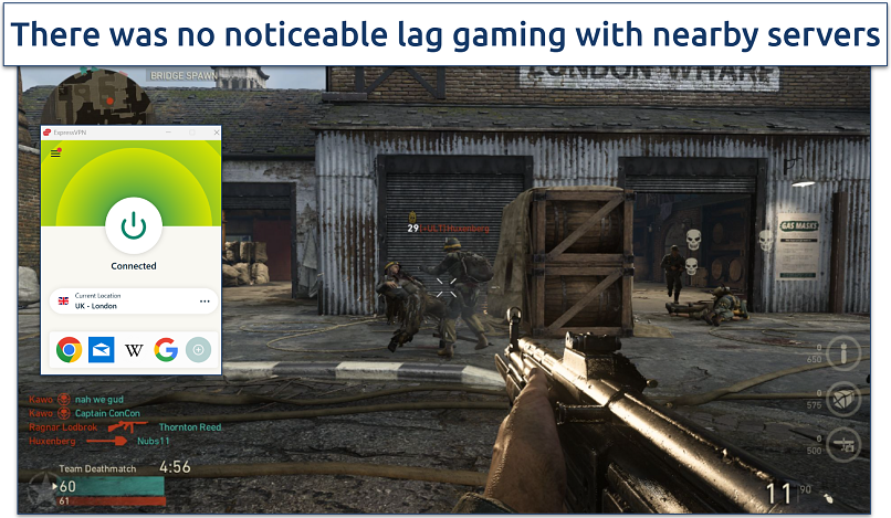 ExpressVPN interface overlayed on a Fortnite game session