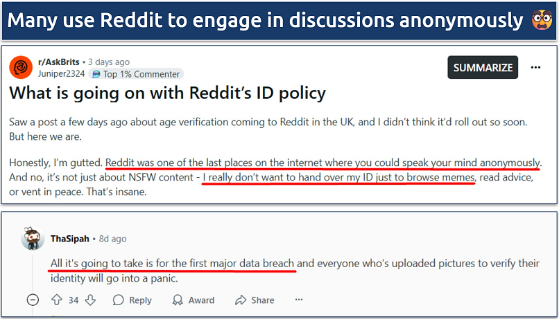 Screenshot of criticism of the new UK age verification law by Redditors