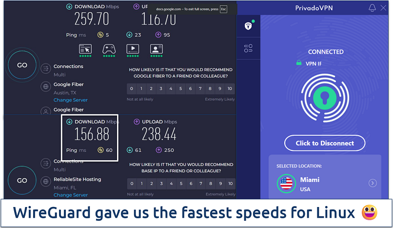 Screenshot of a speed chart showing speeds on PrivadoVPN's Miami server