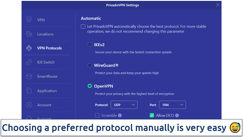 Image showing the VPN protocols settings of PrivadoVPN