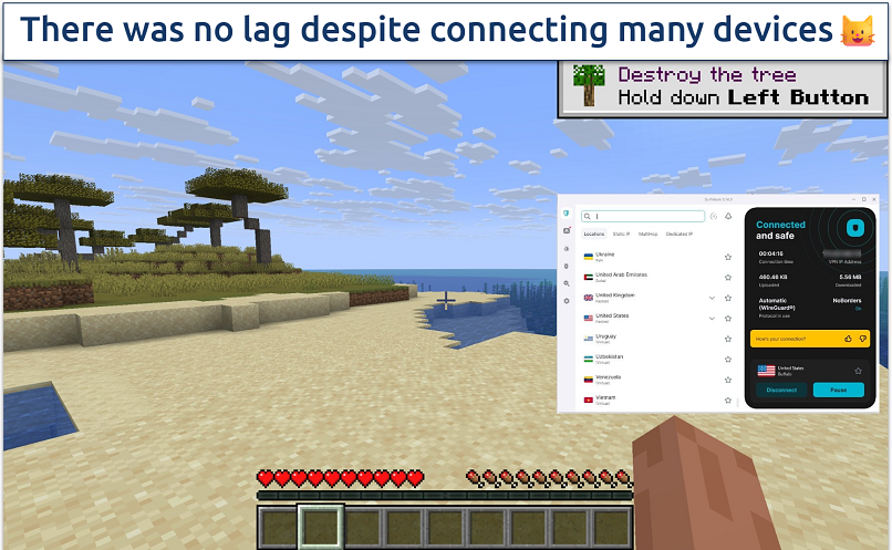 A screenshot of the Minecraft game with Surfshark connected