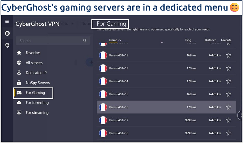 Screenshot of CyberGhost specialized servers for gaming