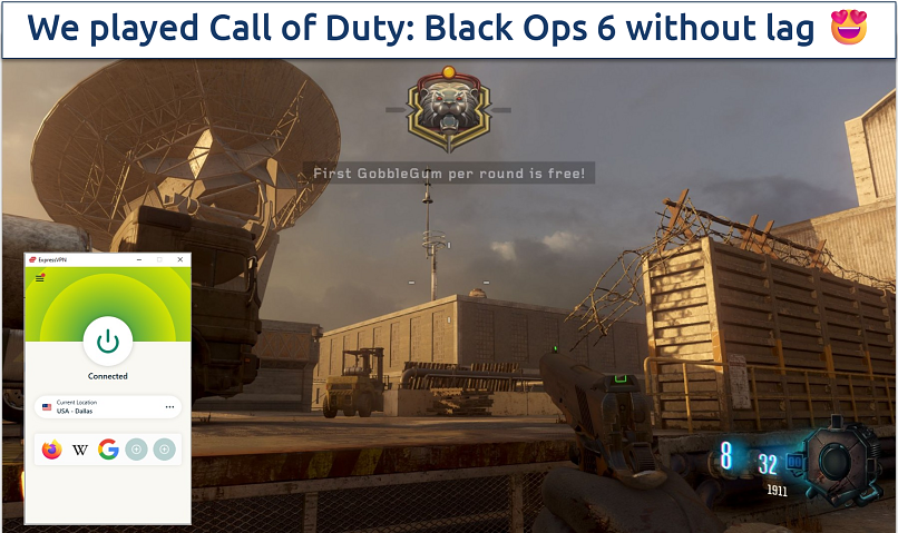 Screenshot of Call of Duty in-game action with ExpressVPN connected
