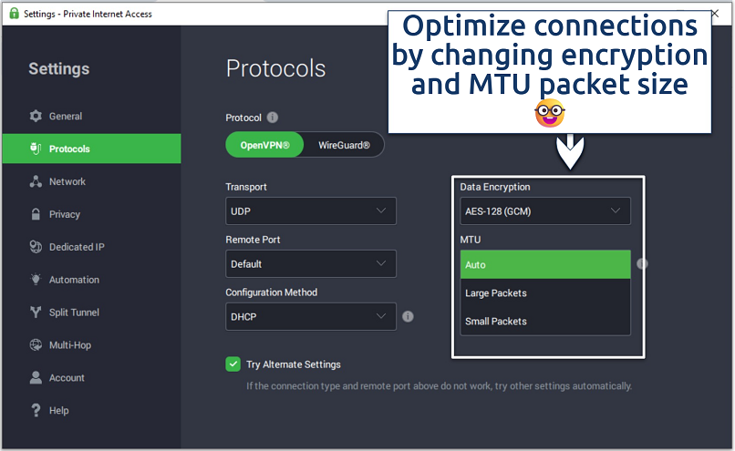 A screenshot of PIA customization settings for gaming