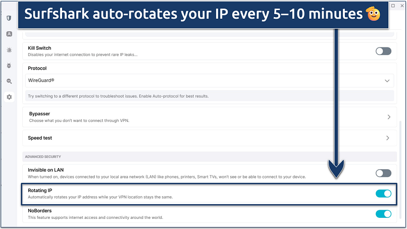 Screenshot of Surfshark's settings menu highlighting the IP rotation feature