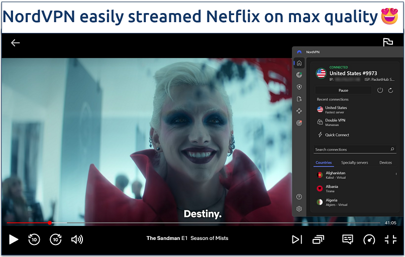 Screenshot of streaming Sandman on Netflix in HD quality while connected to a NordVPN US server