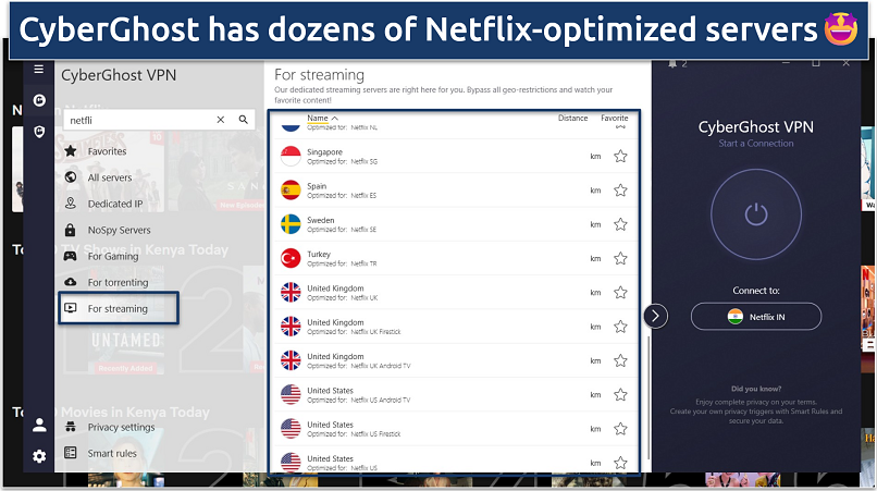 Screenshot showing that CyberGhost has many Netflix-optimized servers across different countries