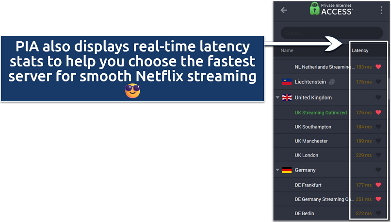Screenshot showing that PIA displays latency for each server