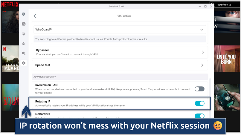 Rotating IP toggled on in the Settings menu of Surfshark’s Windows app