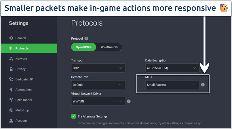 Screenshot demonstrating how to adjust MTU settings