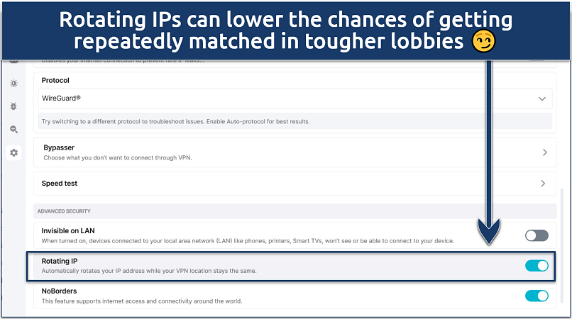Screenshot of Surfshark's settings menu highlighting the IP rotation feature