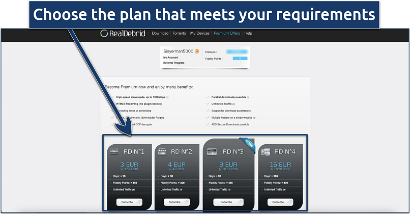 Screenshot of Real Debrid's pricing page