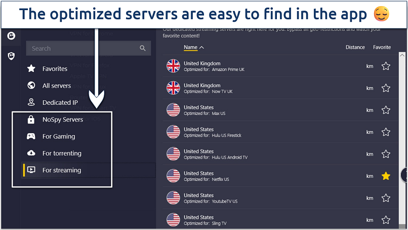 Screenshot of CyberGhost's optimized servers in the app