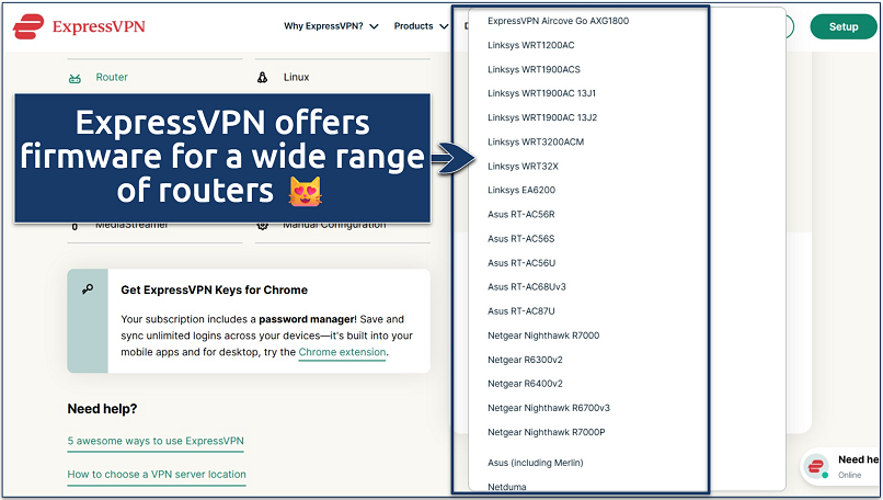 Screenshot of ExpressVPN router installation page showing compatible routers