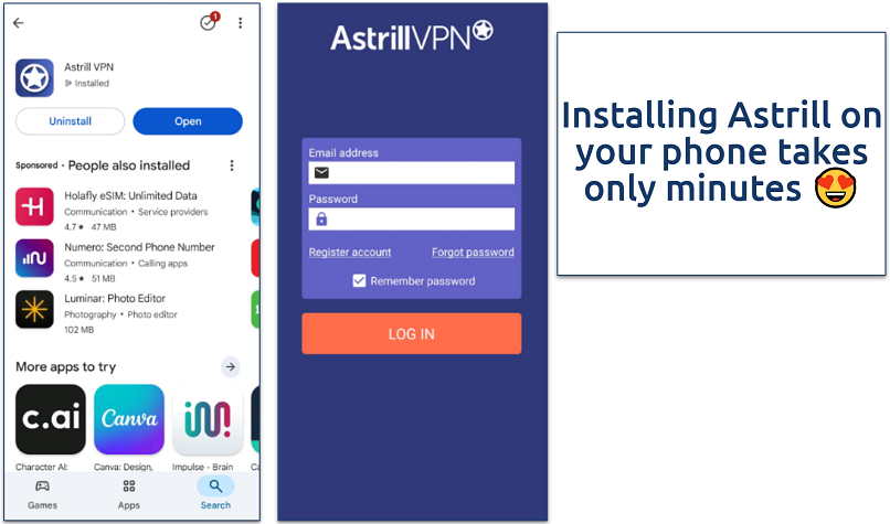 Screenshot showing how to install Astrill VPN on Android