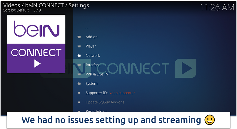Screenshot of beIN CONNECT addon settings menu on Kodi