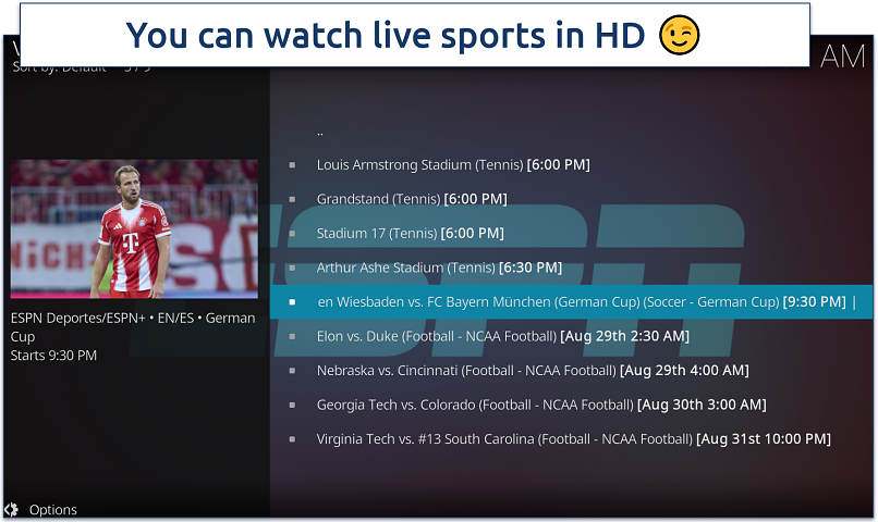Screenshot of ESPN addon showing the upcoming live sports schedule on Kodi
