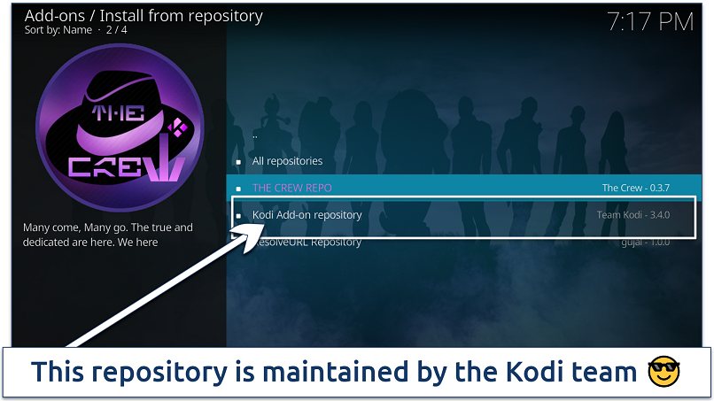 Screenshot showing how to install an addon from Kodi Add-on Repository