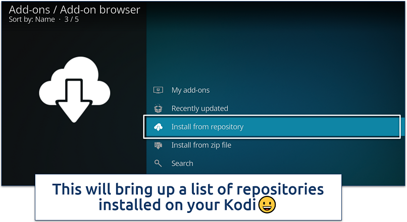 Screenshot showing how to install an addon from repositories