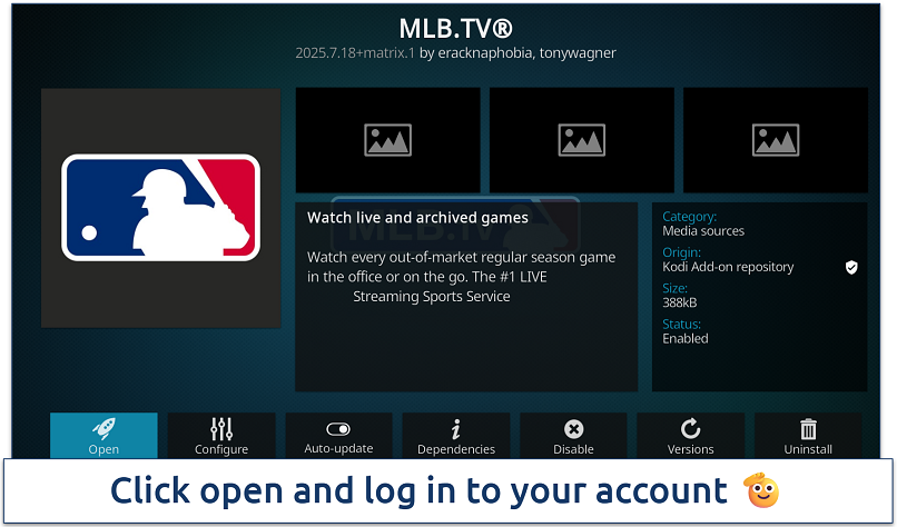 Screenshot of MLB.TV addon installation screen on Kodi