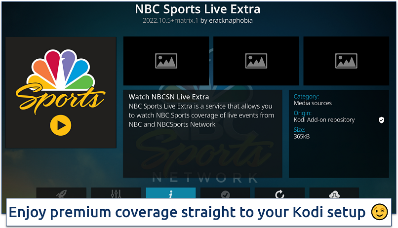 Screenshot of NBC Sports Live Extra addon installation screen on Kodi