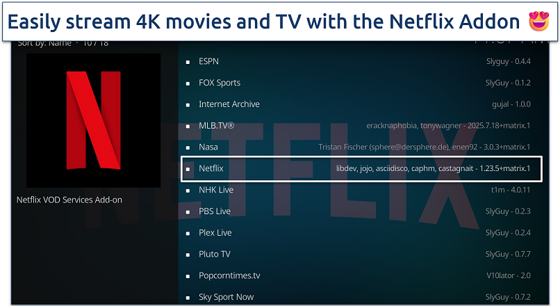 Screenshot of Netflix VOD Services addon installed on Kodi