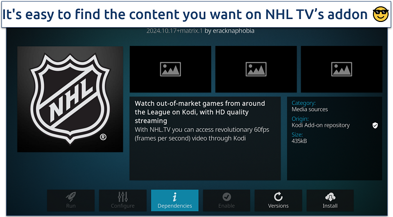 Screenshot of NHL.TV addon installation screen on Kodi