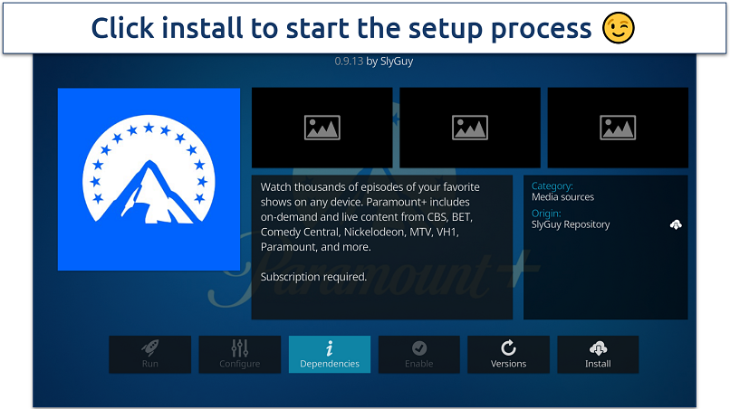 Screenshot of Paramount+ addon installation screen on Kodi